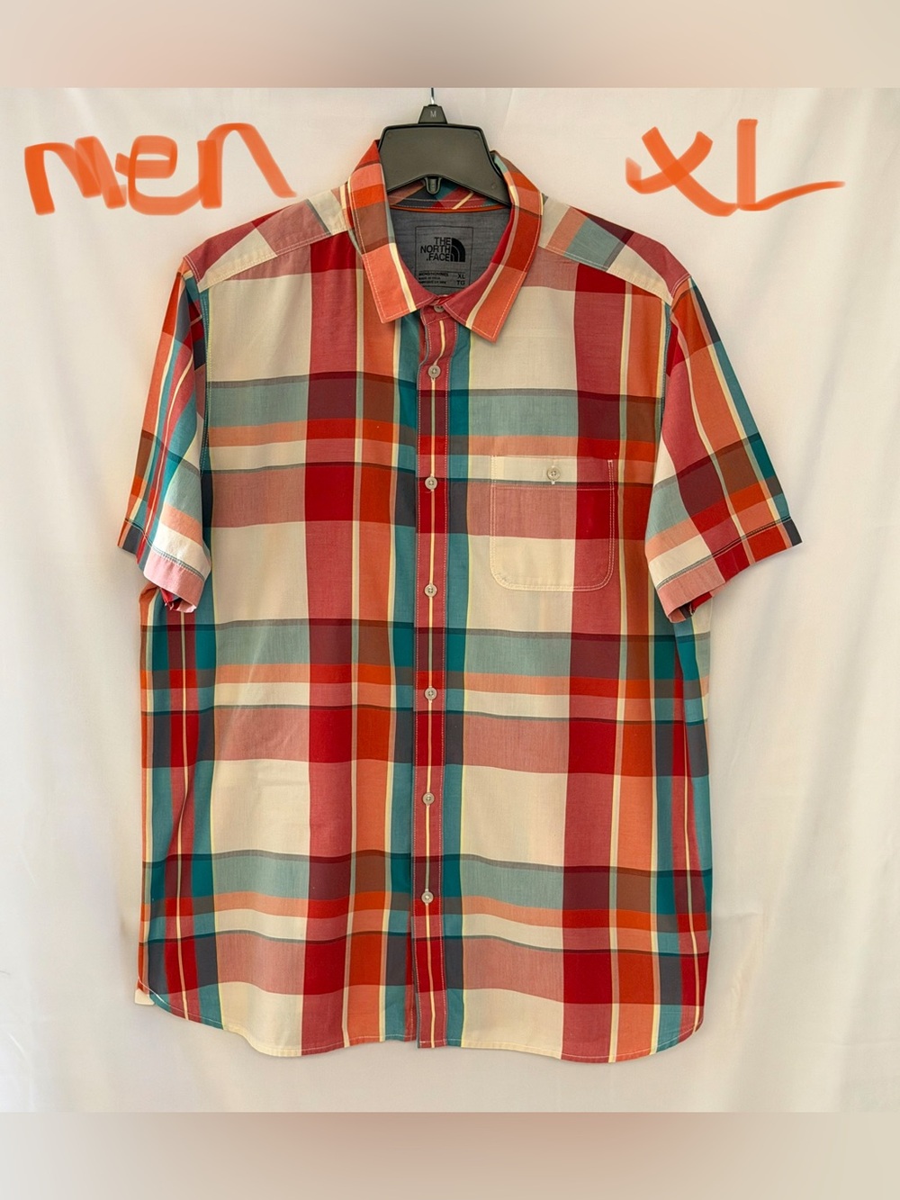 The North Face Men’s Red Orange Blue Plaid Short-Sleeve Button-Down Shirt